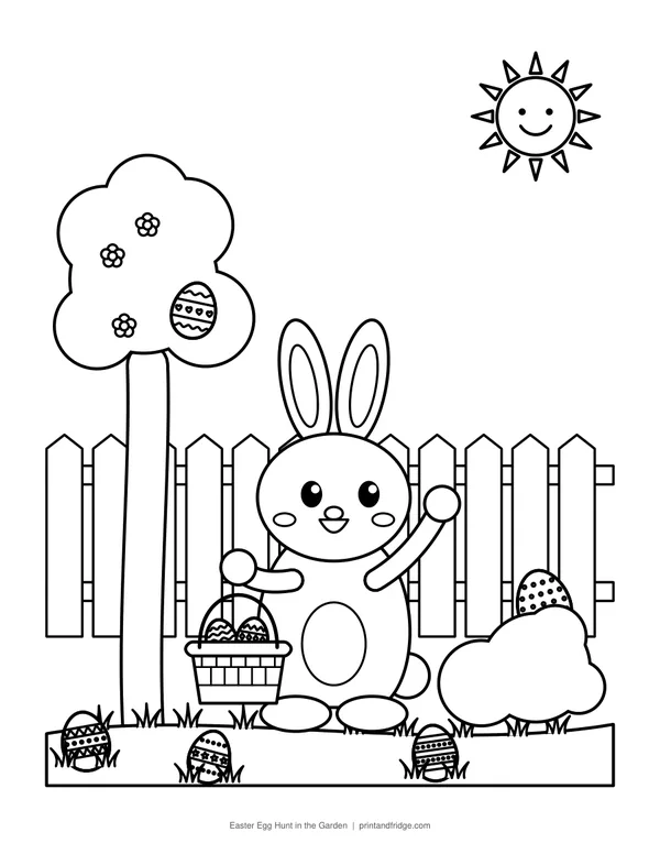 Easter Egg Hunt in the Garden printable coloring page