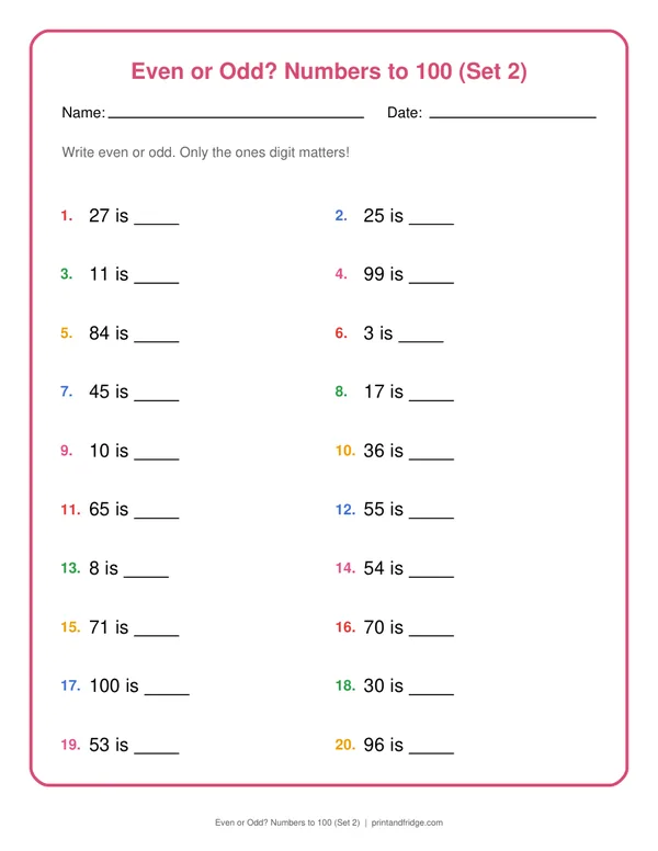 Even or Odd? Numbers to 100 (Set 2) printable worksheet