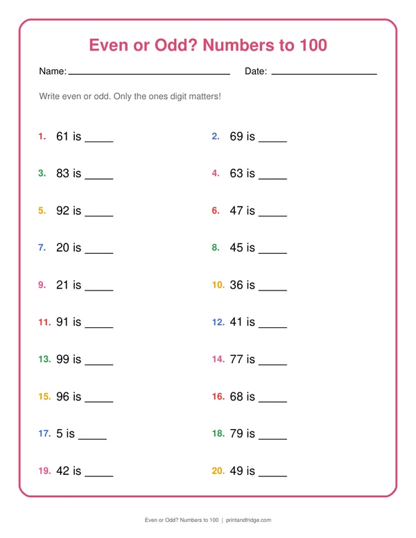 Even or Odd? Numbers to 100 printable worksheet