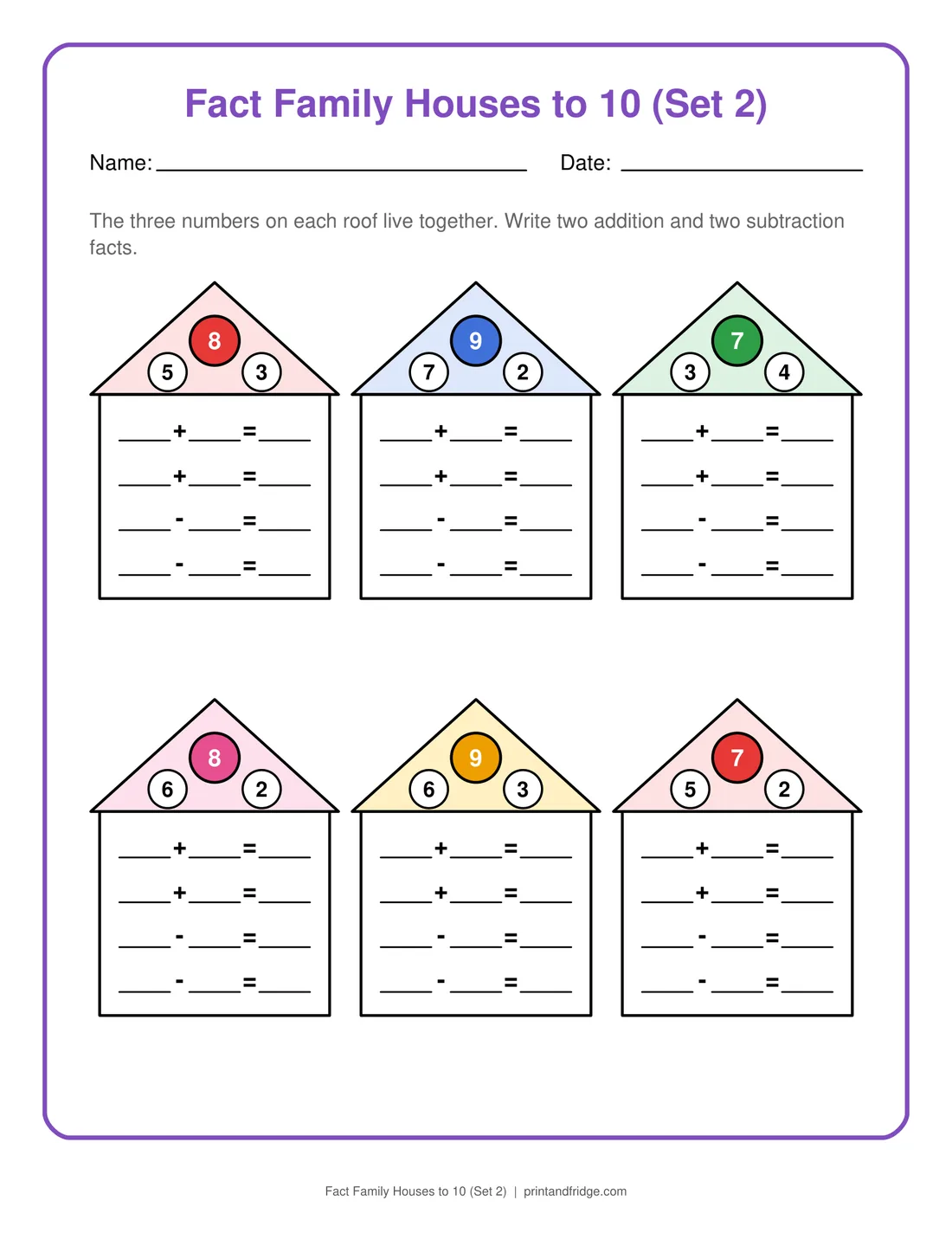 Fact Family Houses to 10 (Set 2) printable worksheet