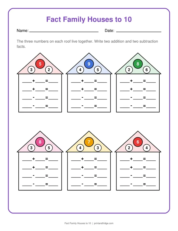 Fact Family Houses to 10 printable worksheet