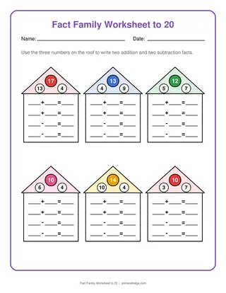 Fact Family Worksheet to 20