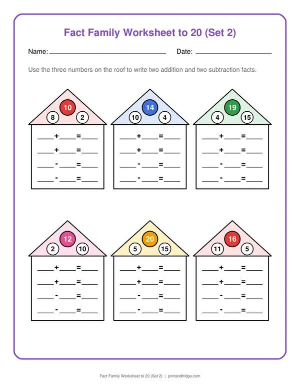 Fact Family Worksheet to 20 (Set 2) printable worksheet