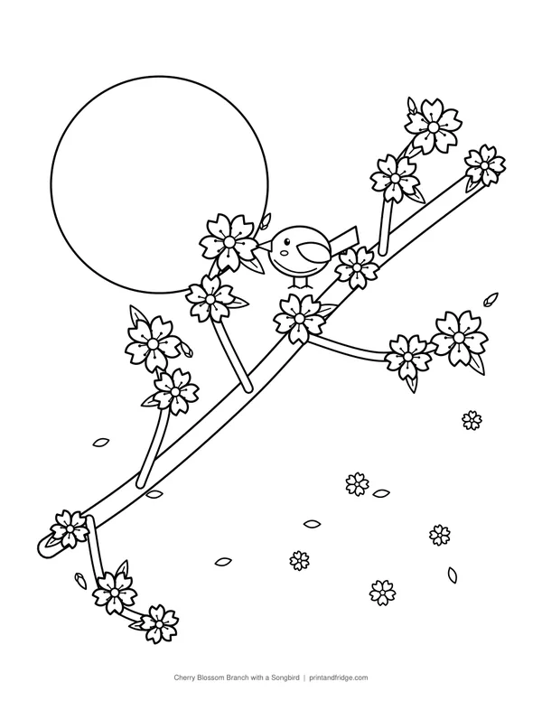 Cherry Blossom Branch with a Songbird printable coloring page