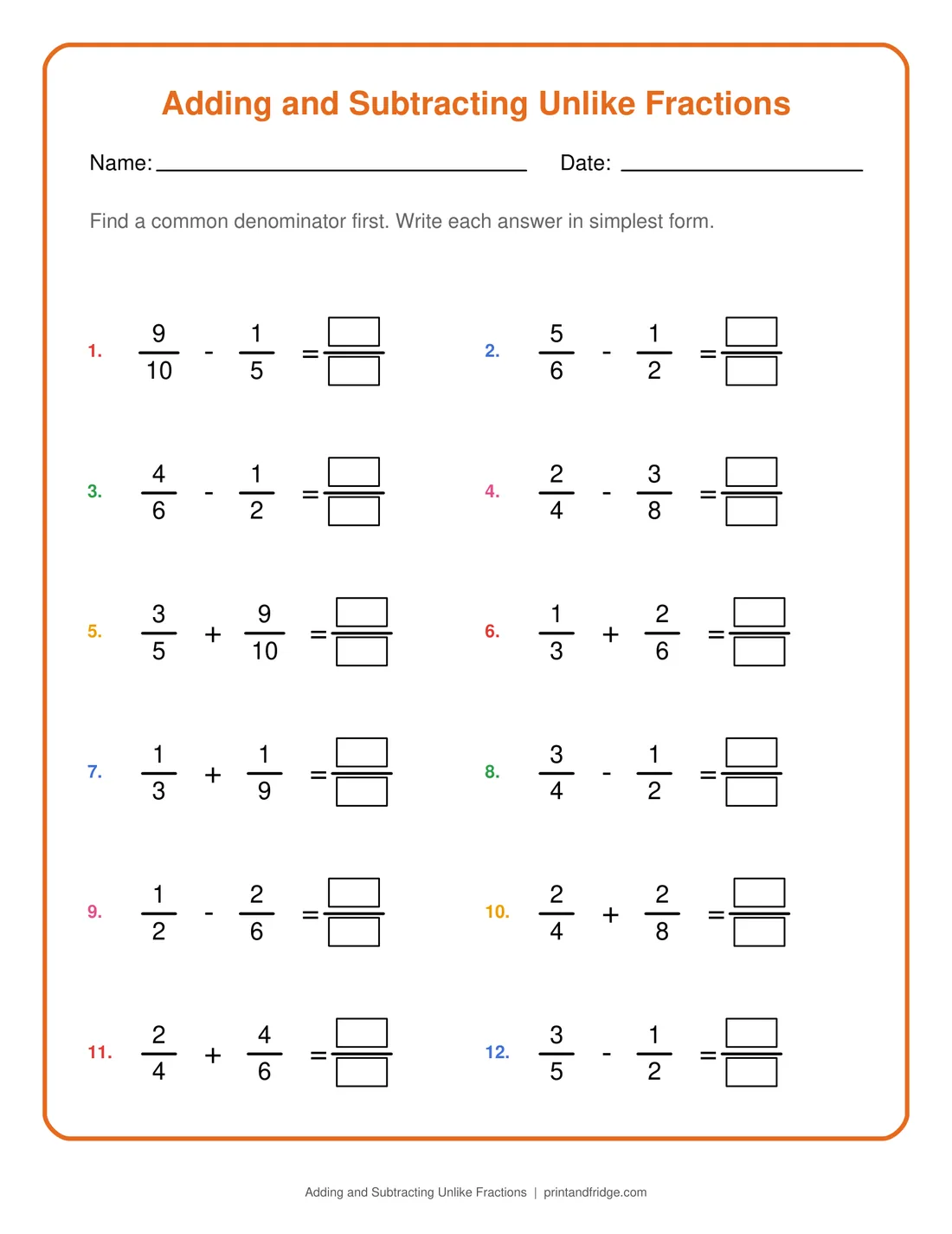 Adding and Subtracting Unlike Fractions printable worksheet