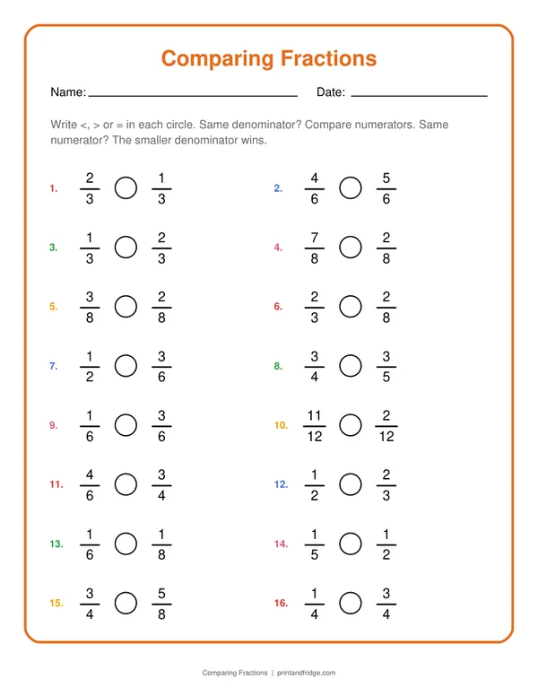 Comparing Fractions printable worksheet