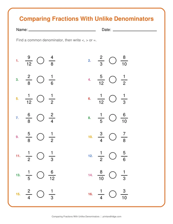 Comparing Fractions With Unlike Denominators printable worksheet