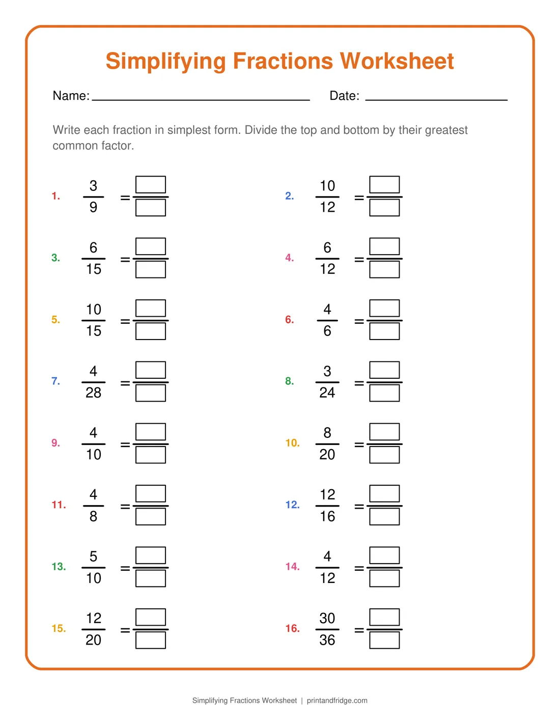 Simplifying Fractions Worksheet printable worksheet