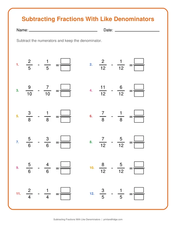 Subtracting Fractions With Like Denominators printable worksheet