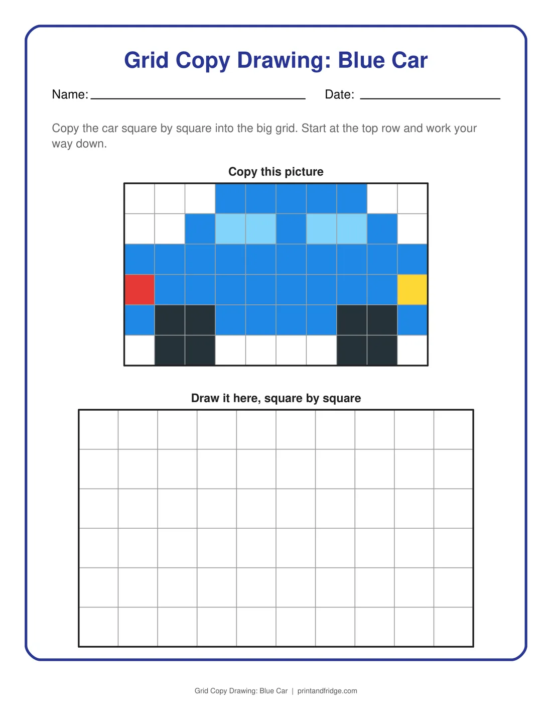 Grid Copy Drawing: Blue Car printable worksheet