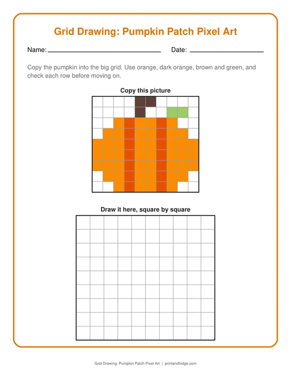 Grid Drawing: Pumpkin Patch Pixel Art printable worksheet