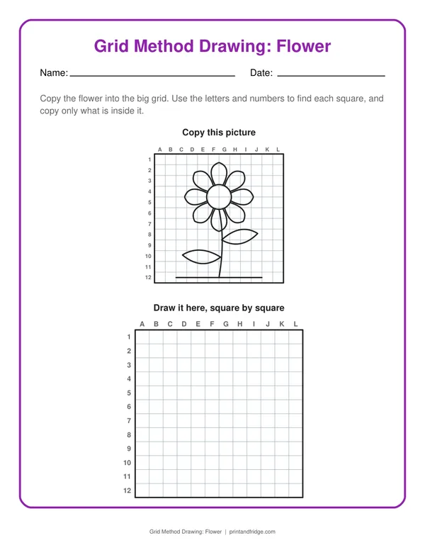Grid Method Drawing: Flower printable worksheet