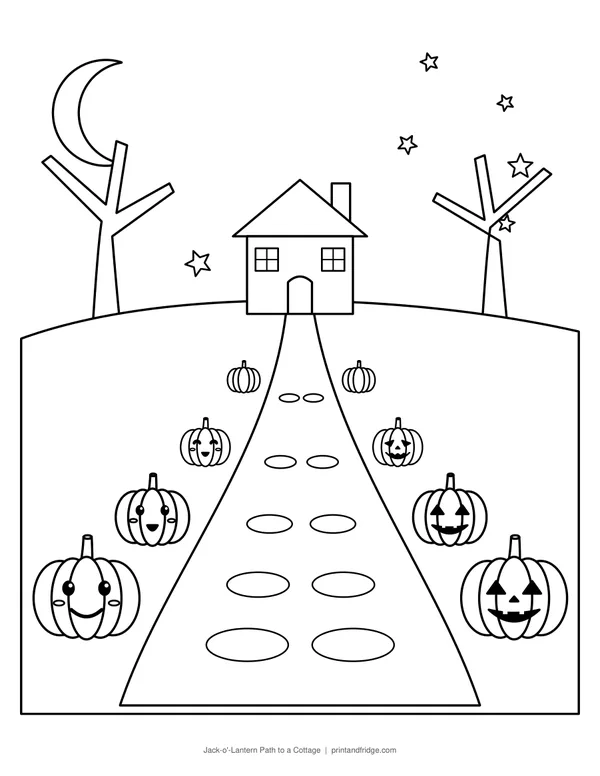 Jack-o'-Lantern Path to a Cottage printable coloring page