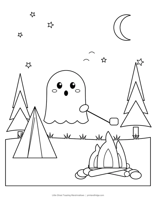 Little Ghost Toasting Marshmallows printable coloring page