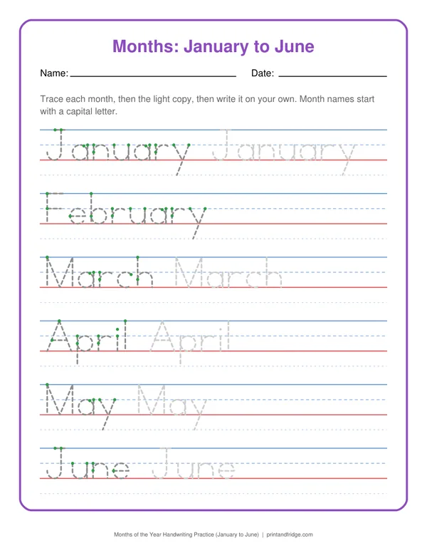 Months of the Year Handwriting Practice (January to June) printable worksheet