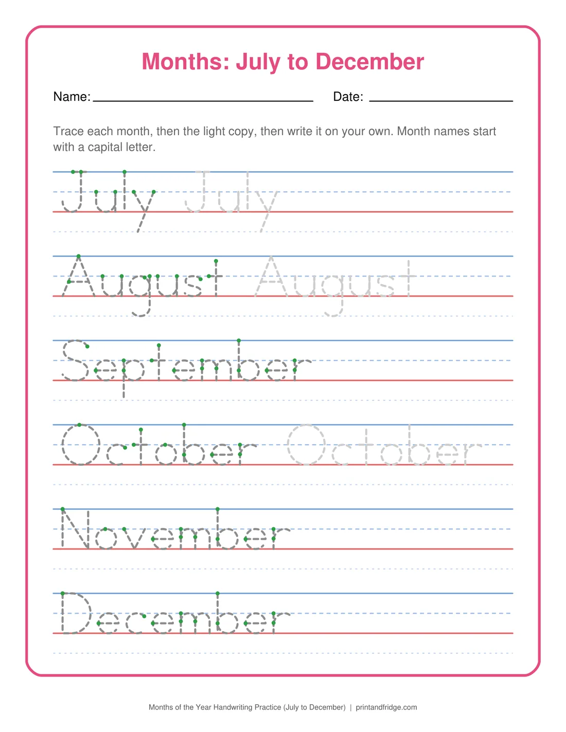 Months of the Year Handwriting Practice (July to December) printable worksheet