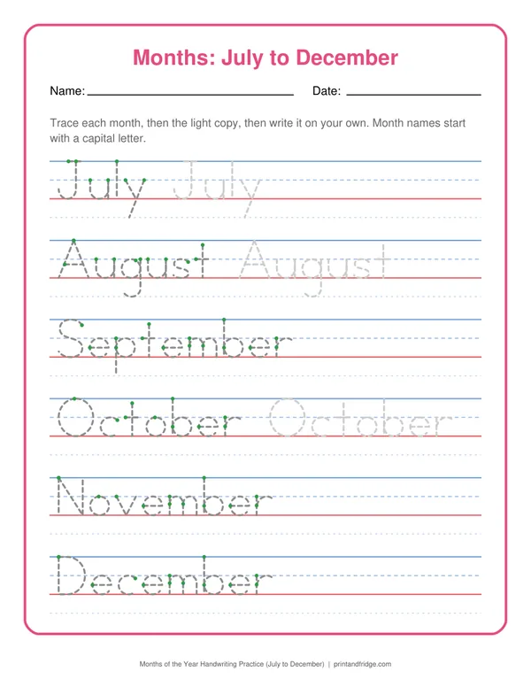 Months of the Year Handwriting Practice (July to December) printable worksheet