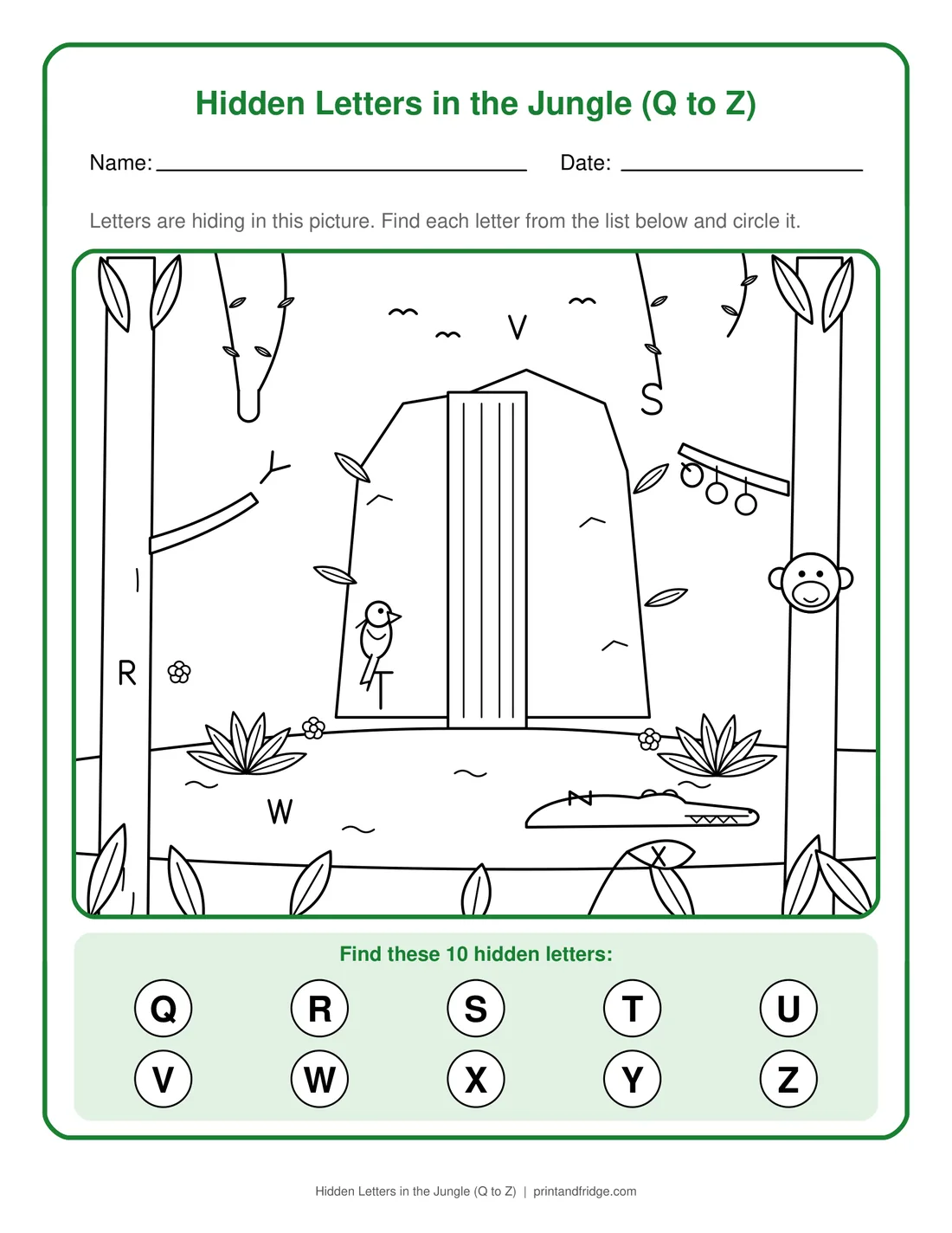 Hidden Letters in the Jungle (Q to Z) printable worksheet