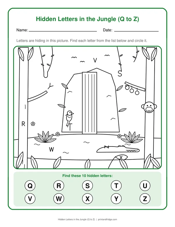 Hidden Letters in the Jungle (Q to Z) printable worksheet