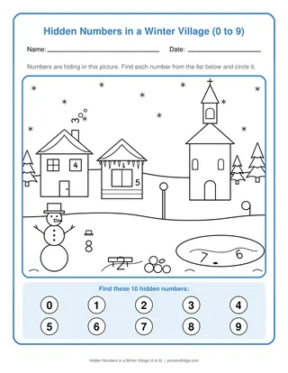 Hidden Numbers in a Winter Village (0 to 9)