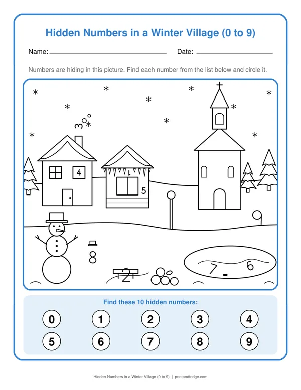 Hidden Numbers in a Winter Village (0 to 9) printable worksheet