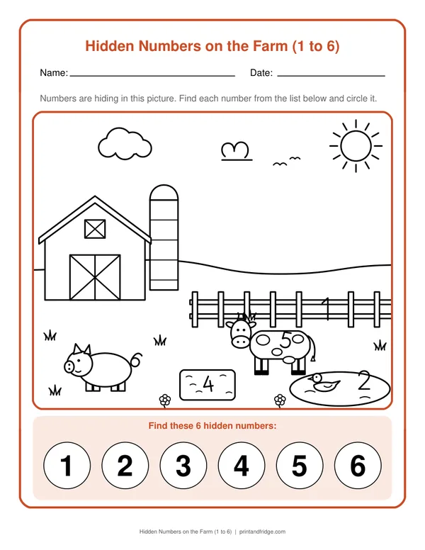Hidden Numbers on the Farm (1 to 6) printable worksheet
