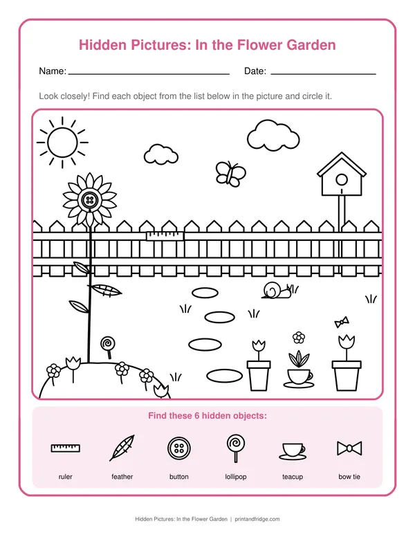 Hidden Pictures: In the Flower Garden printable worksheet