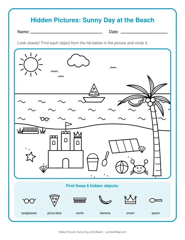 Hidden Pictures: Sunny Day at the Beach printable worksheet