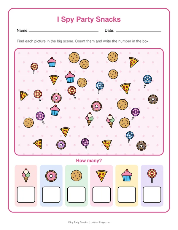 I Spy Party Snacks printable worksheet