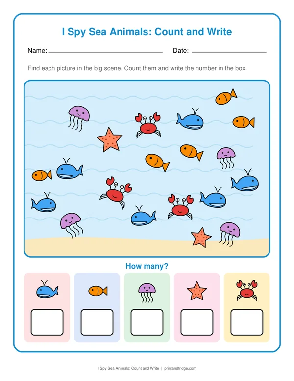 I Spy Sea Animals: Count and Write printable worksheet