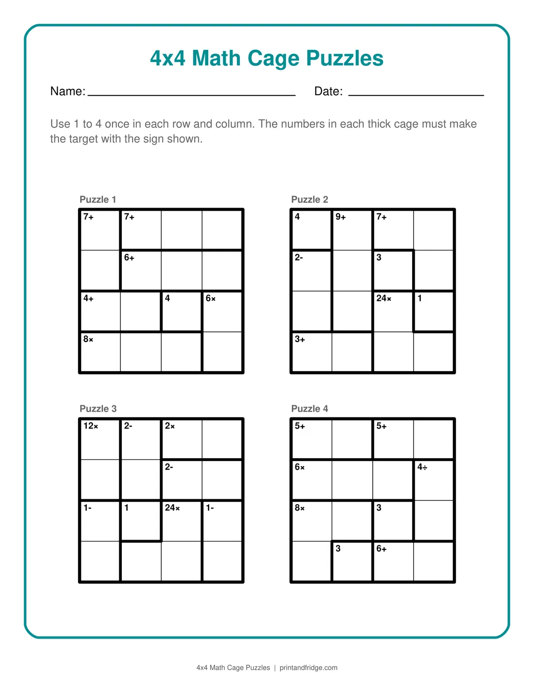 4x4 Math Cage Puzzles printable puzzle