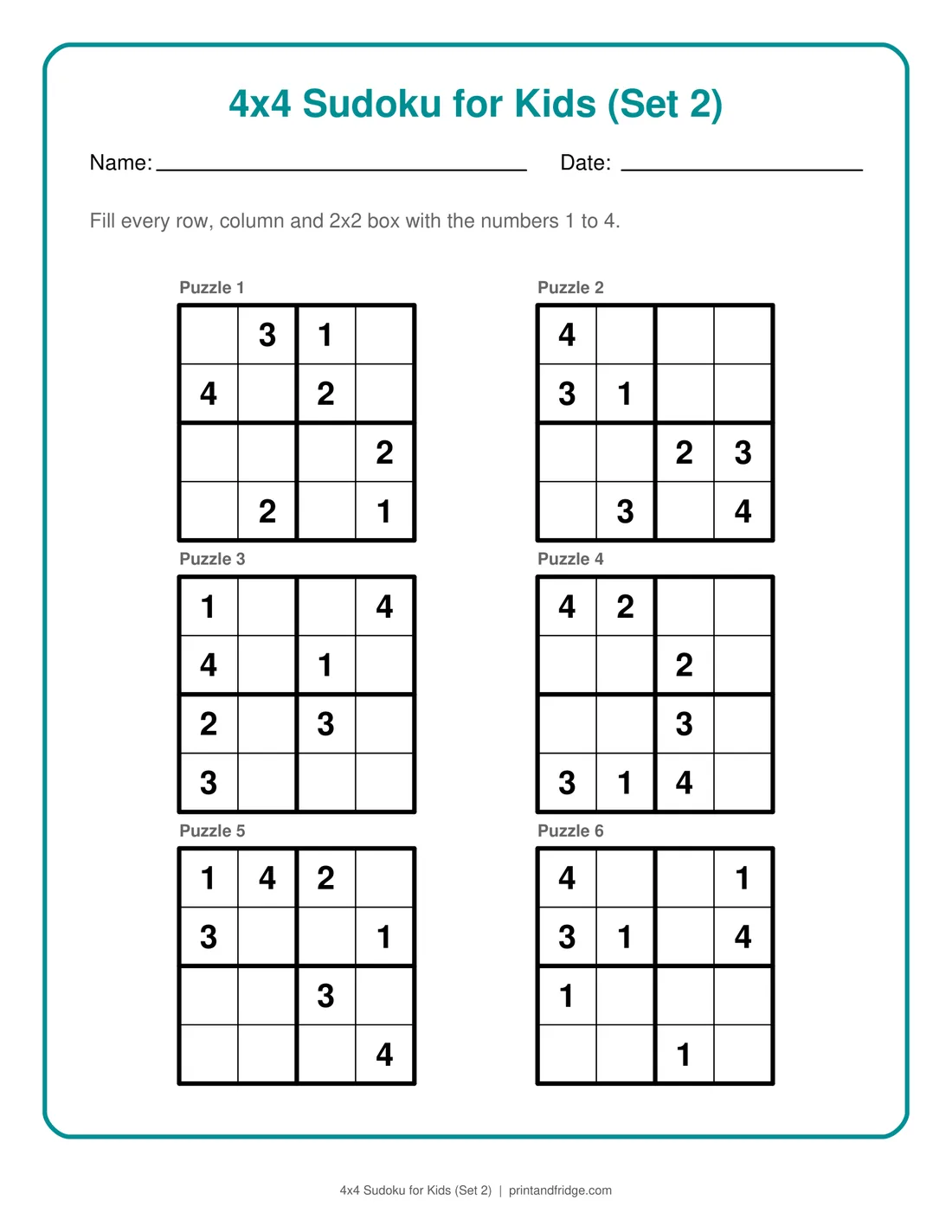 4x4 Sudoku for Kids (Set 2) printable puzzle