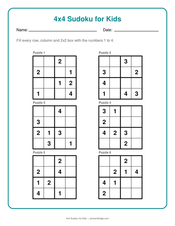 4x4 Sudoku for Kids printable puzzle