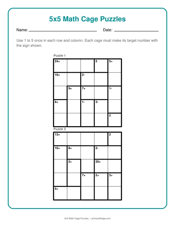 5x5 Math Cage Puzzles printable puzzle