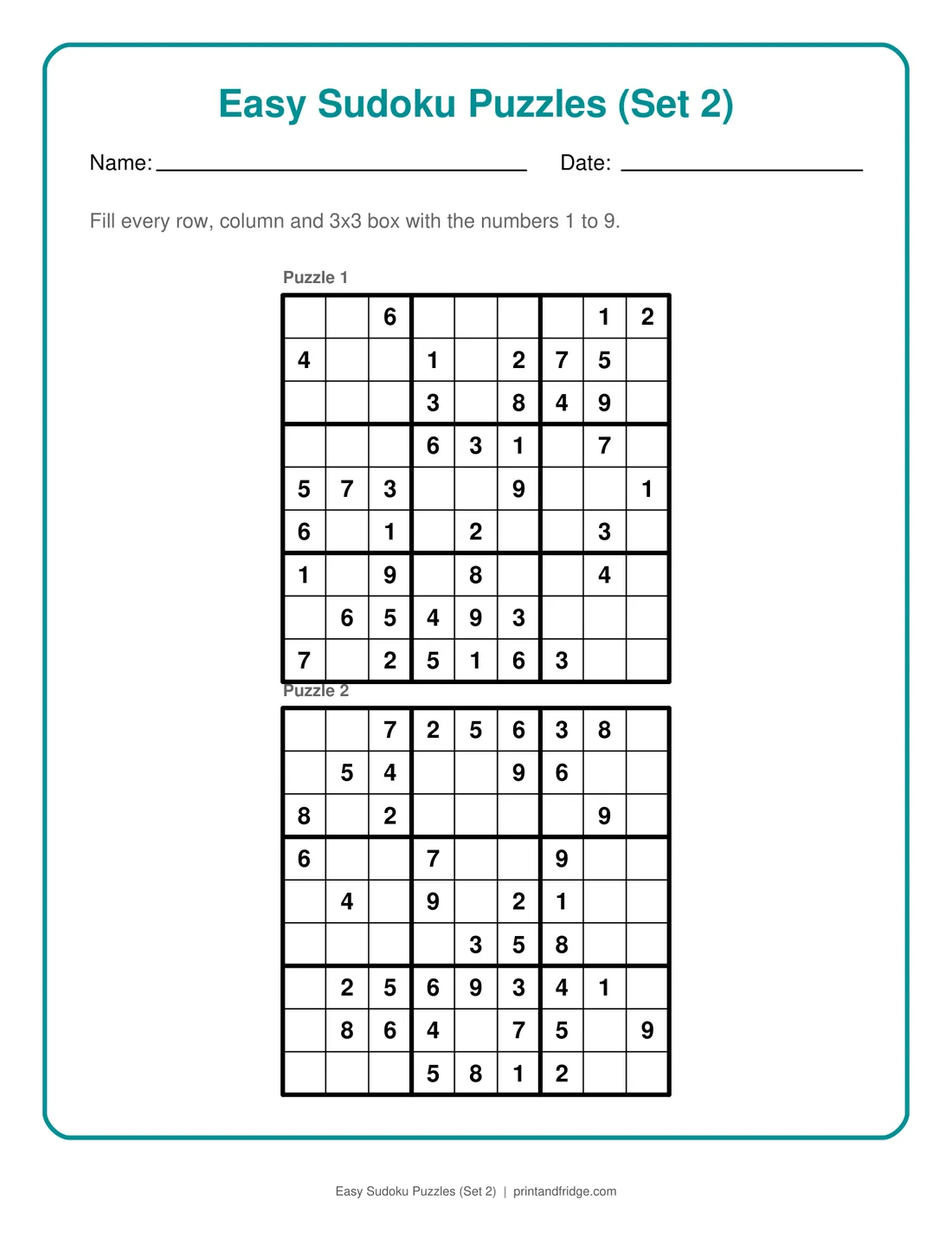 Easy Sudoku Puzzles (Set 2) printable puzzle