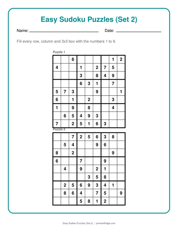 Easy Sudoku Puzzles (Set 2) printable puzzle