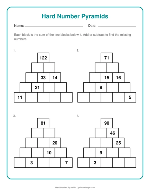 Hard Number Pyramids printable puzzle