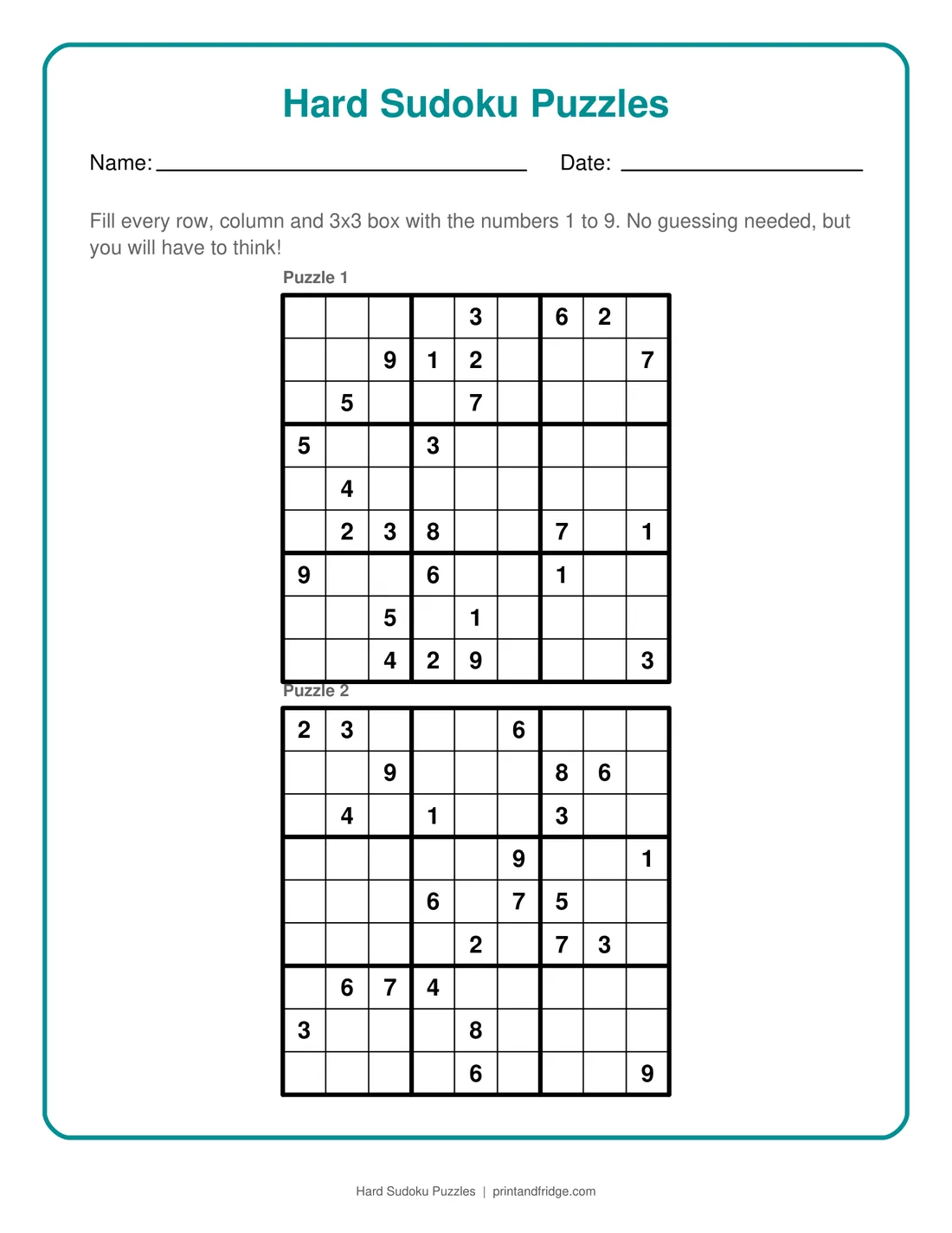 Hard Sudoku Puzzles printable puzzle