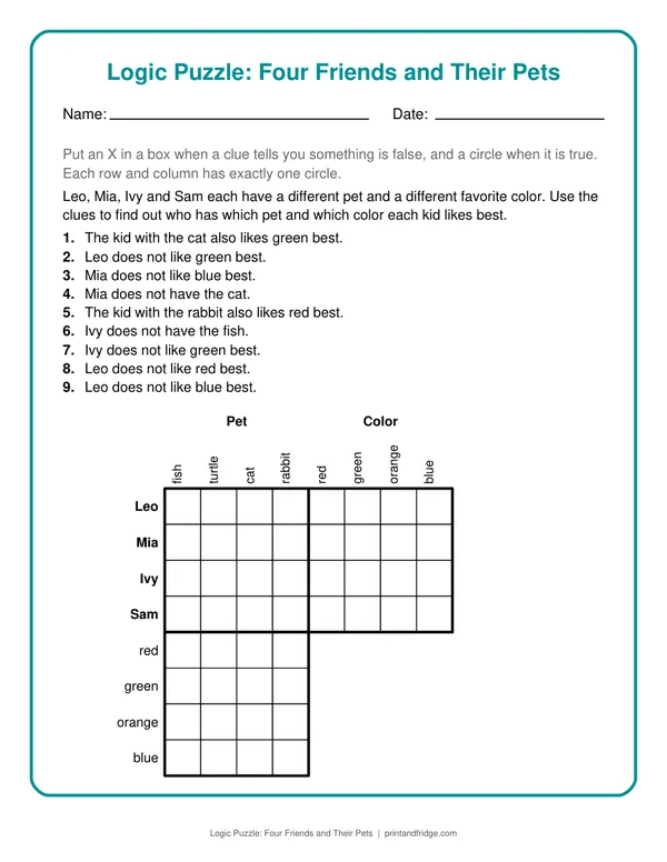 Logic Puzzle: Four Friends and Their Pets printable puzzle