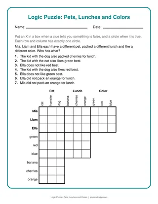 Logic Puzzle: Pets, Lunches and Colors