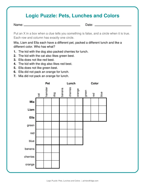 Logic Puzzle: Pets, Lunches and Colors printable puzzle