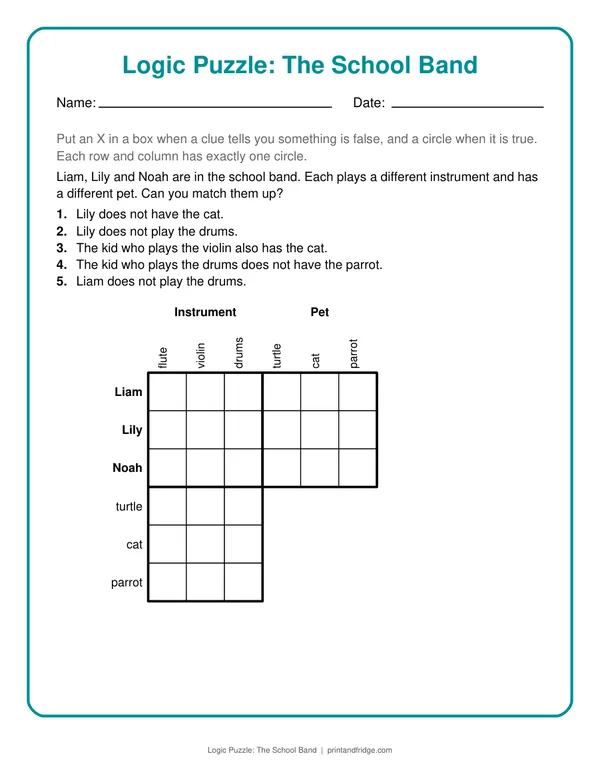 Logic Puzzle: The School Band printable puzzle