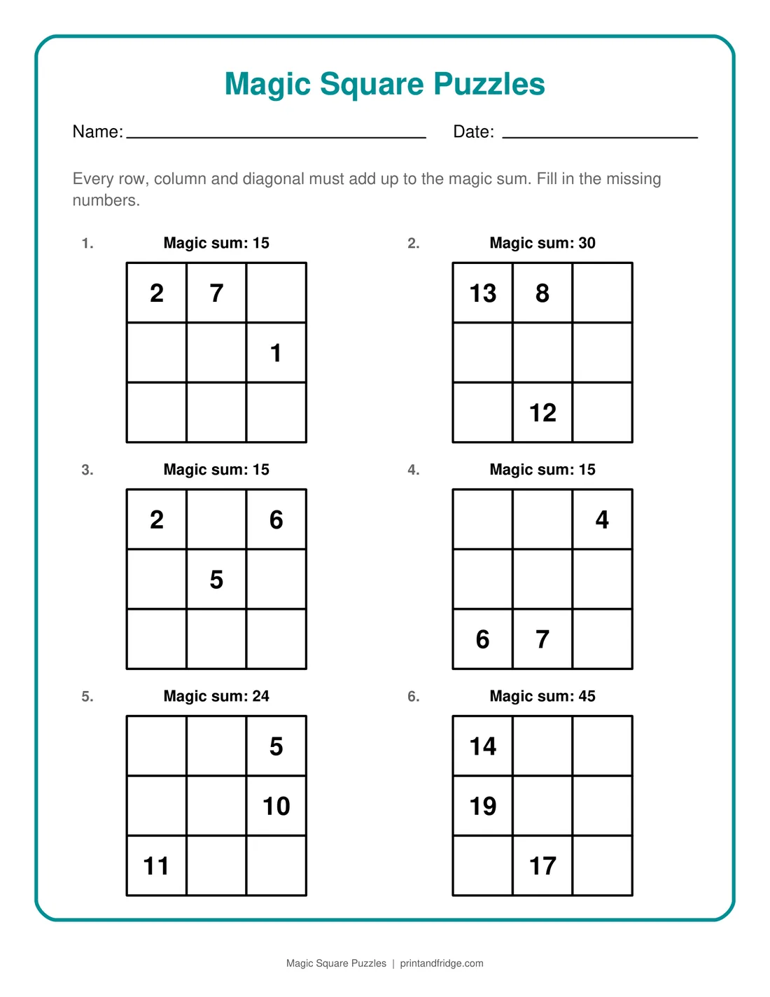 Magic Square Puzzles printable puzzle