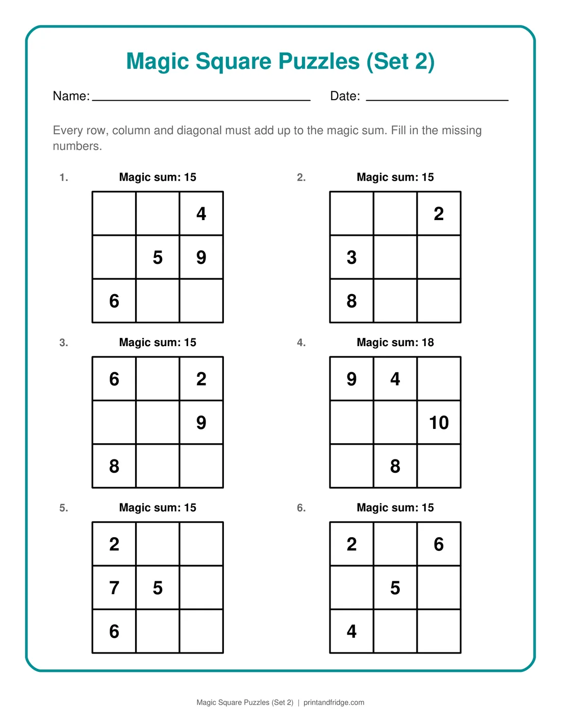 Magic Square Puzzles (Set 2) printable puzzle