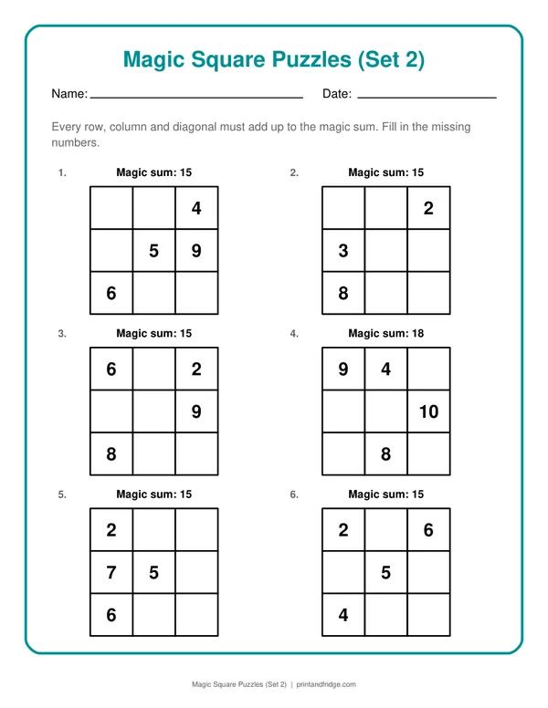 Magic Square Puzzles (Set 2) printable puzzle