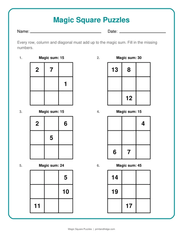 Magic Square Puzzles printable puzzle