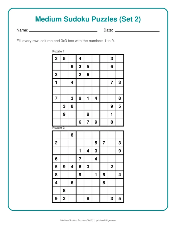 Medium Sudoku Puzzles (Set 2) printable puzzle