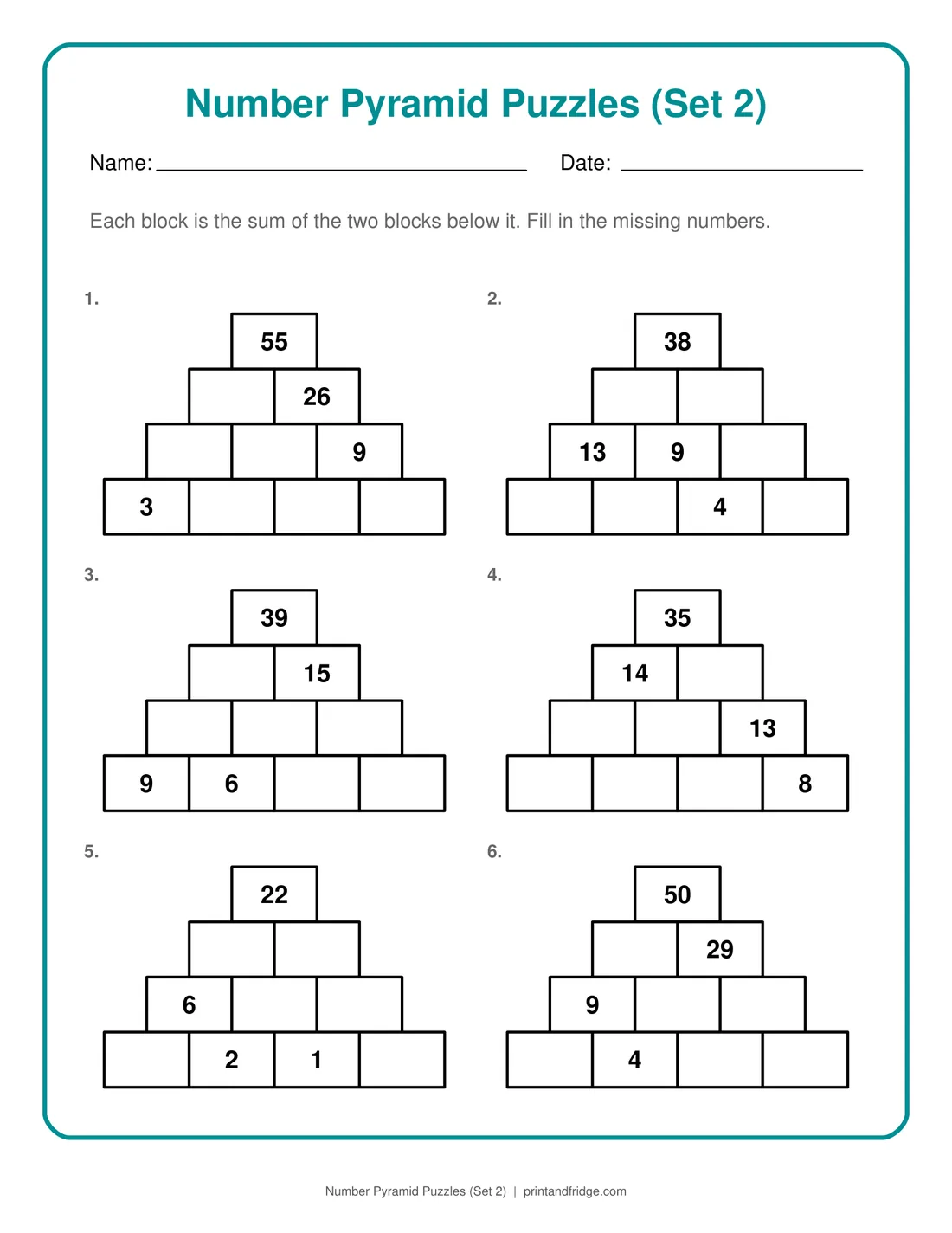 Number Pyramid Puzzles (Set 2) printable puzzle
