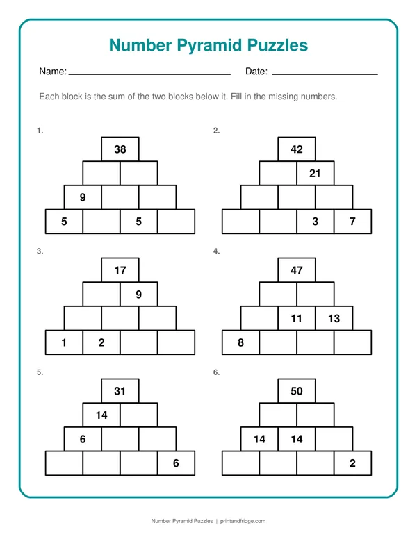 Number Pyramid Puzzles printable puzzle