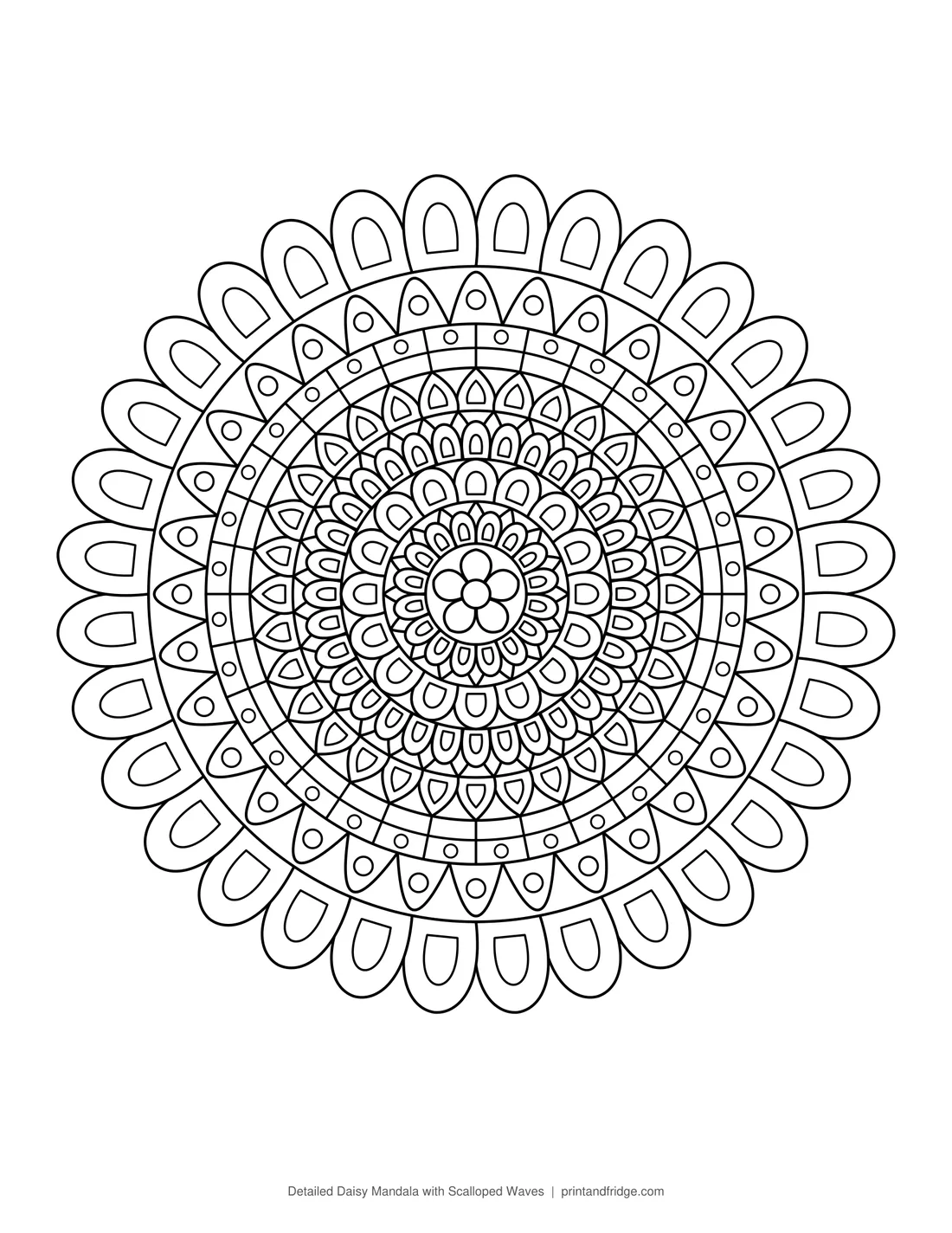 Detailed Daisy Mandala with Scalloped Waves printable coloring page